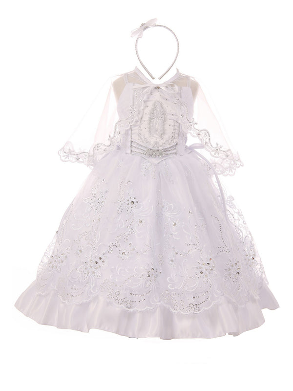 Rain Kids Little Girls White Rhinestone Belt Baptism Headband Cape Dress 2-6 - SophiasStyle.com